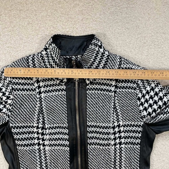 Lena Gabrielle Womens Sz 10 Houndstooth Faux Leather Trim Zip Jacket Black White - Picture 11 of 13